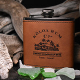 Wholesale engraved 6 oz. Rawhide Brown Ultrahyde Flask customized with Koloa Rum logo
