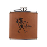 Wholesale engraved 6 oz. Rawhide Brown Ultrahyde Flask customized with Pine Bluff Distilling logo on a white background