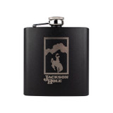 Wholesale engraved 6 oz. Jet Black Powder Coated Flask customized with Jackson Hole Resort logo on a white background