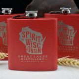 Wholesale engraved 6 oz. Ablaze Red Powder Coated Flask customized with Great Lake Distillery logo