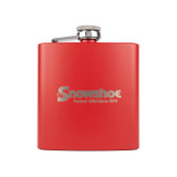 Wholesale engraved 6 oz. Ablaze Red Powder Coated Flask customized with Snowshoe Resort logo on a white background