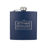 Wholesale engraved 6 oz. Navy Blue Powder Coated Flask customized with Jettywave Distillery logo on a white background
