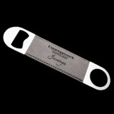 Wholesale engraved Gray Bottle Opener customized with Cooperstown Distillery logo on a black background