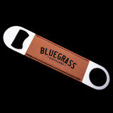 Wholesale engraved Cognac Bottle Opener customized with Bluegrass Distillery logo on a black background