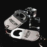 Wholesale engraved Oval Gray Keychain Bottle Opener customized with Quaff On logo on a black background
