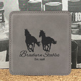 Wholesale engraved Gray Square Coaster customized with Braeburn Stables logo