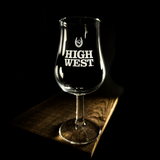 Wholesale engraved 4.75 oz. Urban Bar Spey Taster Glass customized with High West Spirits logo on a black background