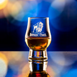 Wholesale engraved 3.5 oz. Urban Bar Perfect Dram customized with Buffalo Trace logo on a bokeh background