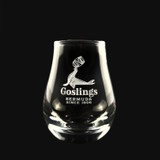 Wholesale engraved 4 oz. Urban Bar Spey Dram Glass customized with Goslings Rum g logo on a black background
