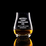 Wholesale engraved 4 oz. Urban Bar Spey Dram Glass customized with Whiskey Thief Distilling logo on a black background