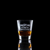 Wholesale engraved 1.75 oz. The Standard Shot Glass customized with Brentford Distillers logo on a black background