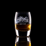 Wholesale engraved 2.5 oz. Urban Bar Barrel Dram Glass customized with Hard Truth Distillers logo on a black background