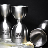 Wholesale engraved Vintage Jigger customized with Old Forester logo on a black background