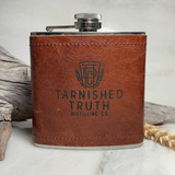 Wholesale engraved 6 oz. Rustic Cognac Leather Flask customized with Tarnished Truth logo