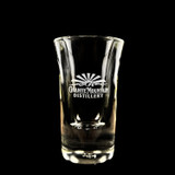 Wholesale engraved 1 oz. Bourbon Sip Shot Glass customized with Granite Mountain Distillers logo on a black background