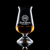 Wholesale engraved Túath Irish Whisky Glass customized with Clear Water Distilling logo on a black background