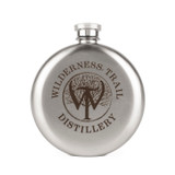 Wholesale engraved 5 oz. Sporran Flask customized with Wilderness Trail Distilling logo on a white background