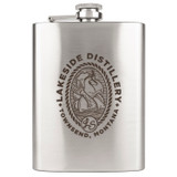 Wholesale engraved 8 oz. Premium Flask customized with Lakeside Distillery logo on a white background