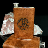 Wholesale 5 oz. Extra Aged Leather Field Flask customized with Devils Due Distillery logo