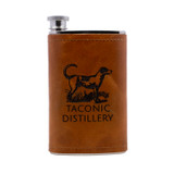 Wholesale 5 oz. Extra Aged Leather Field Flask customized with Taconic Distillery logo on a white background