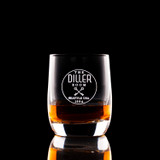 Wholesale engraved 6 oz. Weinland Rocks Glass customized with The Diller Room logo on a black background