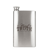 Wholesale engraved stainless steel 5 oz. Field Flask customized with Hard Truth Distilling logo on a white background