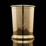 Wholesale engraved Gold Mint Julep Cup customized with Lugos Craft Distillery logo  on a black background