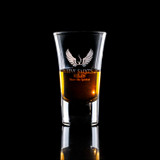 Wholesale engraved 2 oz. Moon Shot Glass customized with Five Saints Distilling logo on a black background