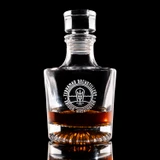 Wholesale engraved Venus Whiskey Decanter customized with Terramar Brewstillery logo on a black background