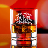 Wholesale engraved 10.75 oz. Stolzle New York Bar Rocks customized with Metcalfe's Distillers logo on a bokeh background