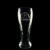 Wholesale engraved 16 oz. Pub Pilsner Glass customized with EHV Solutions logo on a black background