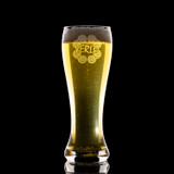 Wholesale engraved 16 oz. Pub Pilsner Glass customized with Yerlo logo on a black background