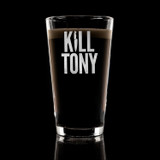 Wholesale engraved 16 oz. Classic Pint Glass customized with Kill Tony logo on a black background