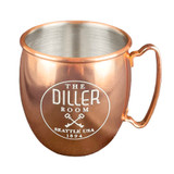 Wholesale engraved Copper Moscow Mule Mugs customized with The Diller Room logo on a White background