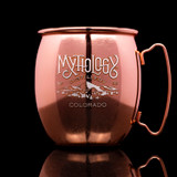 Wholesale engraved Copper Moscow Mule Mugs customized with Mythology Distillery logo on a black background