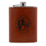 Wholesale engraved 8 oz. Aged Cognac Leather Flask customized with Stable Reserve logo on a white background