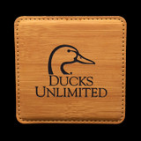 Wholesale engraved Golden Wheat Square Coaster customized with Ducks Unlimited logo on a black background