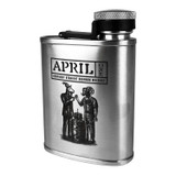 Wholesale engraved 6 oz. Stratoflask B.U.F.F. customized with April One Bourbon logo on a white background