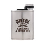 Wholesale engraved 6 oz. Stratoflask B.U.F.F. customized with Devils Due Distilling logo on a white background