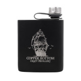 Wholesale engraved 6 oz. The Wingman Flask Black customized with Copper Bottom Distillery logo on a white background