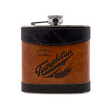 Wholesale engraved 6 oz. Espresso Double Aged Leather Flask customized with Templeton logo on a white background