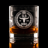 Wholesale engraved 12.5 oz. Bespoke Cigar Glass customized with SLB Drinks logo on a black background