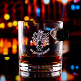 Wholesale engraved 12.5 oz. Bespoke Cigar Glass customized with Bad Ash Cigar Company logo on a bokeh background