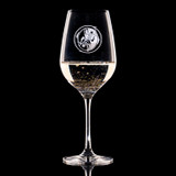 Wholesale engraved 16.75 oz. Stolzle Copa Vino Wine Glass customized with Matts Casbah logo on a black background