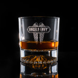 Wholesale engraved 10 oz. Venus Rocks Glass customized with Angels Envy logo on a black background