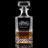 Wholesale engraved Carats Whiskey Decanter customized with Hard Truth logo on a black background