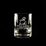 Wholesale engraved 3 oz. Lexi Big Shot customized with Single Barrel Liquor & Bar logo on a black background