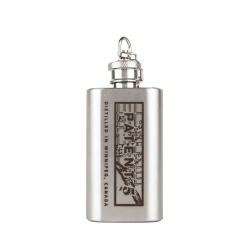 Wholesale engraved 2 oz. Pocket Flask customized with Patent 5 logo on a white background