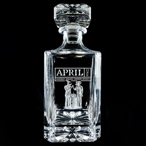 Premium Whiskey Decanter Engraved With April One Bourbon Logo Premium Whiskey Decanter Engraved With April One Bourbon Logo