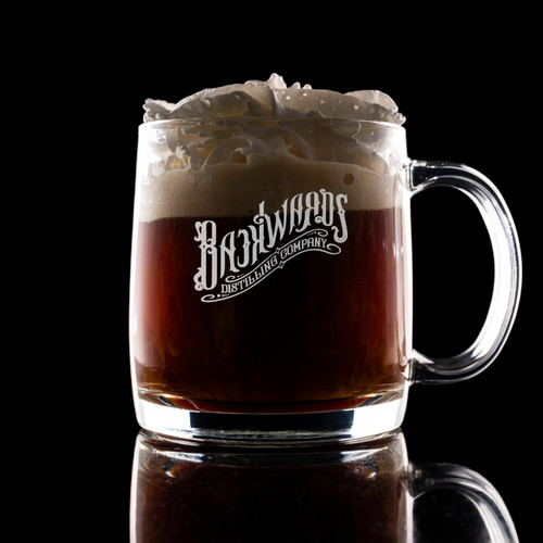 Wholesale engraved Nordic Whisky Glass Mug customized With Backwards Distillers logo on a black background